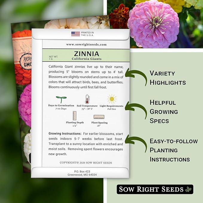 Sow Right Seeds - California Giants Mix Zinnia Seeds for Planting - Non-GMO Heirloom Packet to Grow Your Flower Garden - Attract Bees and Butterflies - Great to Cut and Come Again - Summer Annual (2)