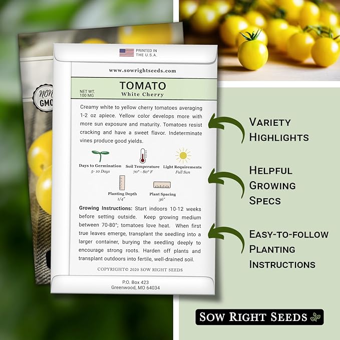 Sow Right Seeds - White Cherry Tomato Seed for Planting - Non-GMO Heirloom Packet with Instructions to Plant a Home Vegetable Garden - Pale Yellow Snacking Variety - Indeterminate Variety