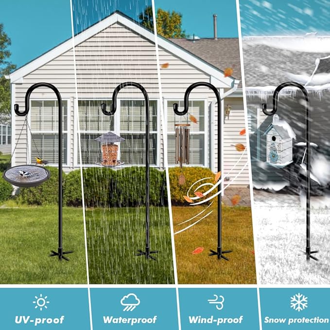 Shepherds Hooks for Outdoor Bird Feeder Poles 76inch, Heavy Duty Hummingbird Feeder Hanger for Hanging Plants Basket, Adjustable Wind Chimes Stand, 2 pcs