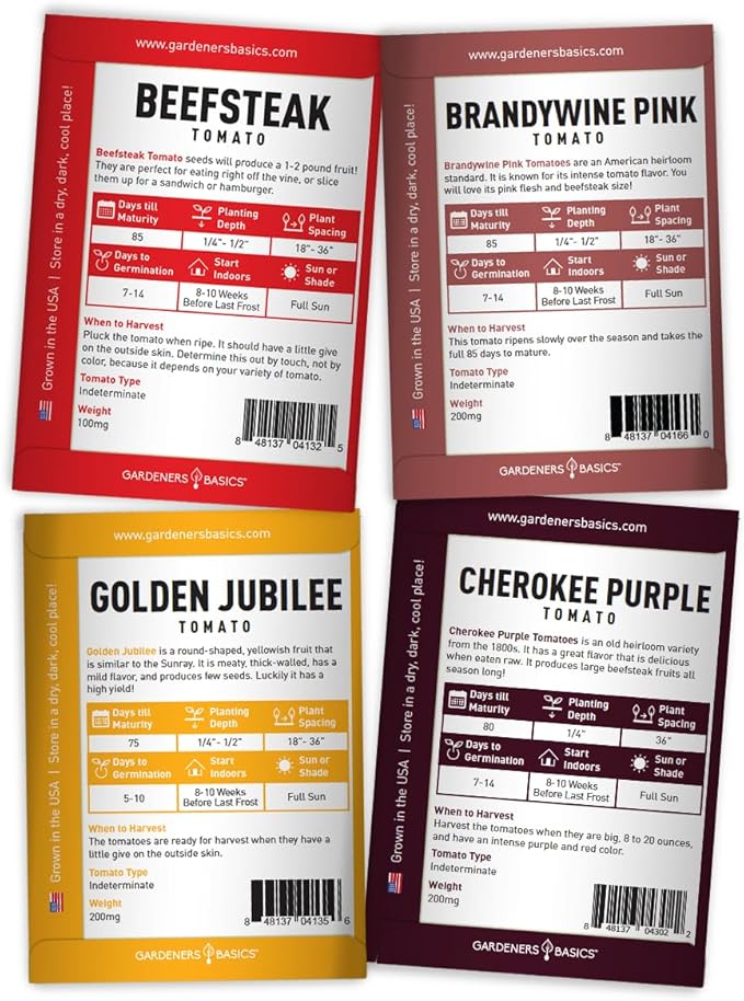 Gardeners Basics, Tomato Seeds for Planting 16 Variety Pack Heirloom Tomato Seeds, Tiny Tim, Cherry Tomato Seeds, Beefsteak Seeds, Roma Tomato Seeds, Determinate and Indeterminate and More, Non GMO