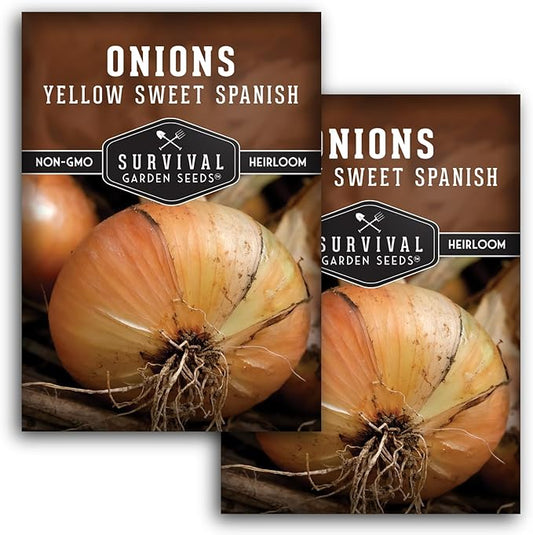 Yellow Sweet Spanish Onion Seed for Planting - 2 Packets with Instructions to Plant and Grow Long Day Onions in Your Home Vegetable Garden - Non-GMO Heirloom Variety - Survival Garden Seeds