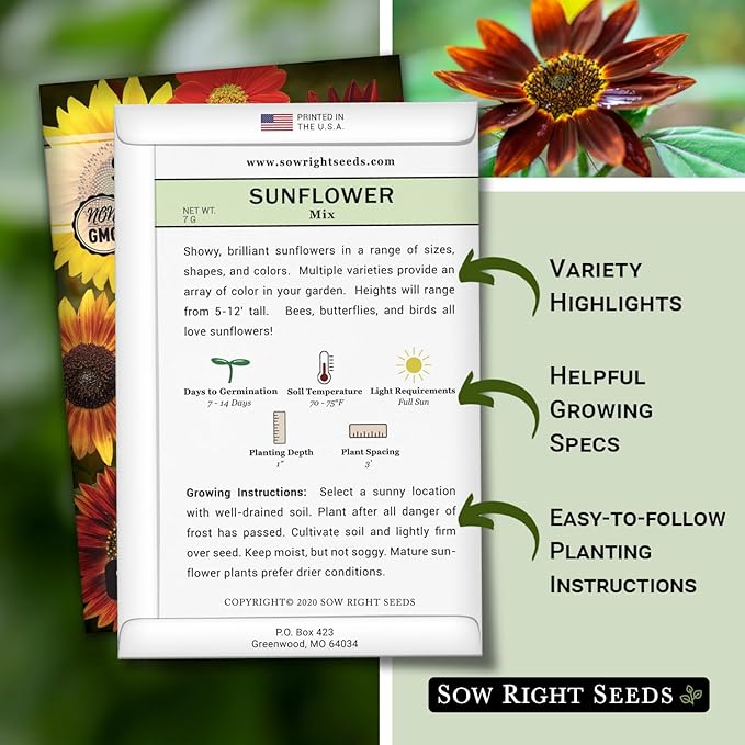 Sow Right Seeds - Mixed Sunflower Seeds for Planting - Non-GMO Heirloom Packet with Instructions - Great Wedding or Party Favor - Grow Giant Sunflowers in an Assortment of Bright, Unique Colors (2)