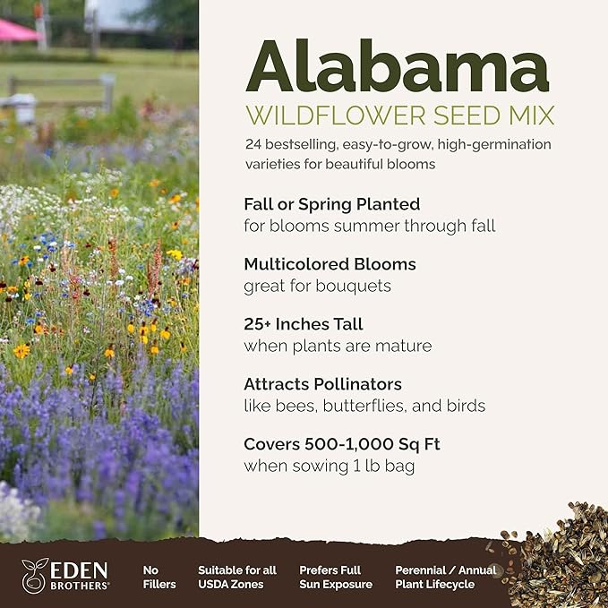 Eden Brothers Alabama Wildflower Mixed Seeds for Planting, 1 lb, 480,000+ Seeds with Cornflower, Cosmos, Blanket Flower | Attracts Pollinators, Plant in Spring or Fall, Zones