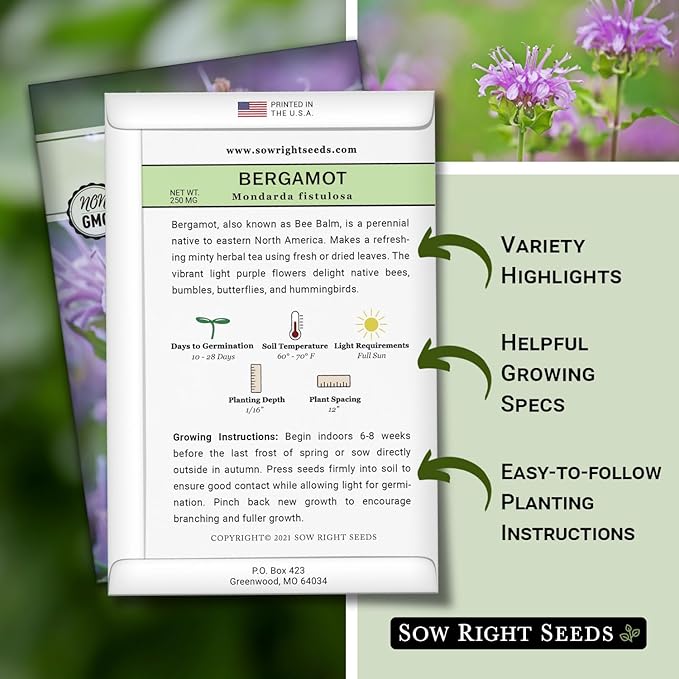 Sow Right Seeds - Bergamot (Bee Balm) Flower Seeds for Planting - Beautiful Flowers to Plant in Your Home Garden - Non-GMO Heirloom Packet with Instructions - Native Wildflower and Medicinal Herb (1)