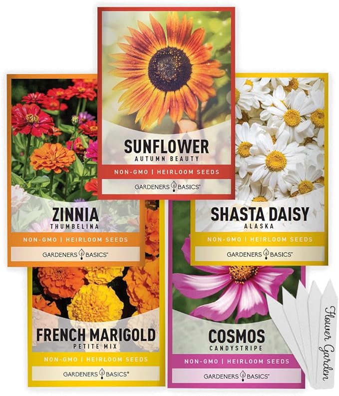 Gardeners Basics, Flower Garden Seeds for Planting Outdoors Flower Seeds (5 Variety Pack) Daisy, Marigold, Cosmos, Sunflower, Zinnia Varieties for Bees, Pollinators Wildflower Seed