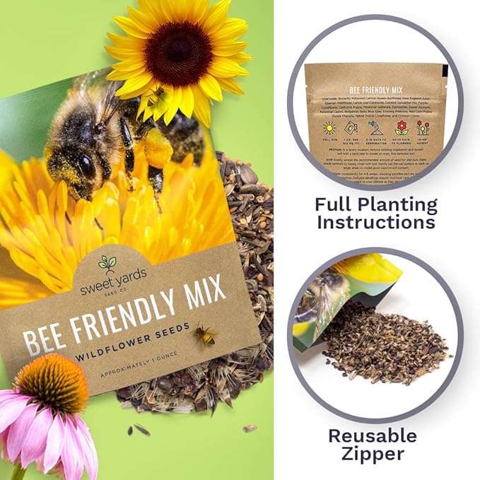 Bee Friendly Wildflower Seed Mix - Bulk 1 Ounce Packet - Over 7,500 Open Pollinated Seeds - Save The Bees!