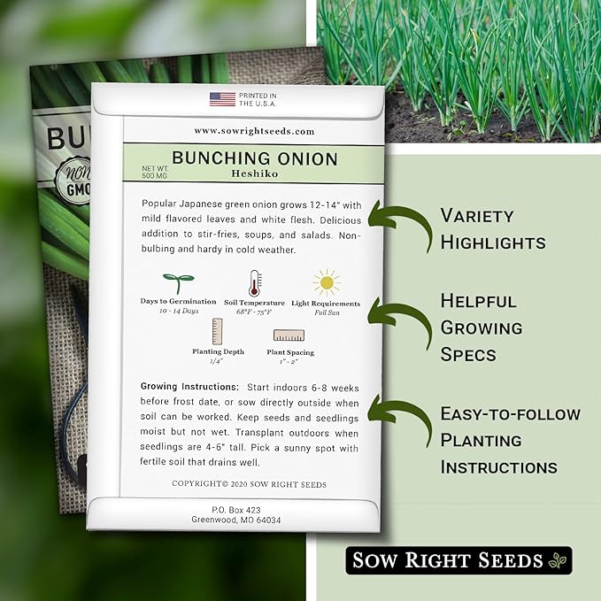 Sow Right Seeds - Heshiko Japanese Bunching Green Onion Seeds for Planting - Non-GMO Heirloom - Instructions to Plant and Grow a Kitchen Garden Indoors or Outdoors - Mild Onion Flavor for Cooking (1)