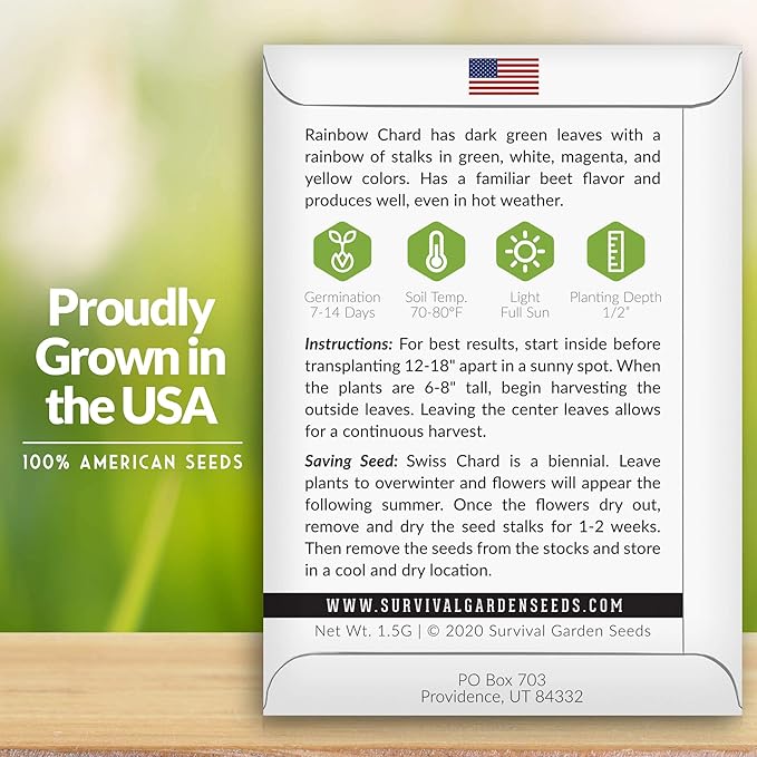 Survival Garden Seeds - Rainbow Swiss Chard Seed for Planting - 2 Packs with Instructions to Plant and Grow Colorful Stalked Vegetable Greens in Your Home Vegetable Garden - Non-GMO Heirloom Variety