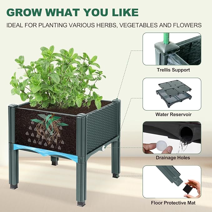 Emalie Raised Garden Beds Elevated Plastic Planter Box with Drainage Plugs Perfect for Vegetables Flowers Herbs Growing Outdoor, 47.2" Lx15.7 Wx16.5 H Grey