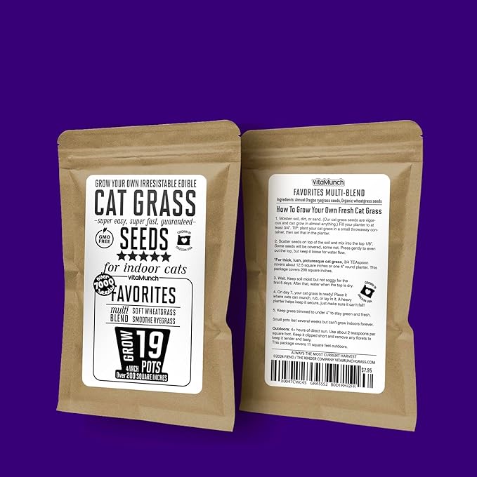 Cat Grass Seeds Favorites Blend Soft Wheatgrass & Smooth Ryegrass – Grows 19 Pots of Fresh Cat Grass for Indoor Cats – Easy & Fast – Small Pack Grows 200 Square inches of Edible cat Grass – Vitamunch