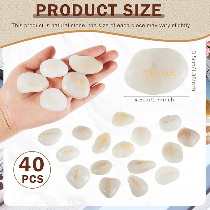 Fabbay Engraved Inspirational Stones Encouragement Motivational Rocks with Words Garden Positive Gift for Christmas Thanksgiving(White,40 Pcs)