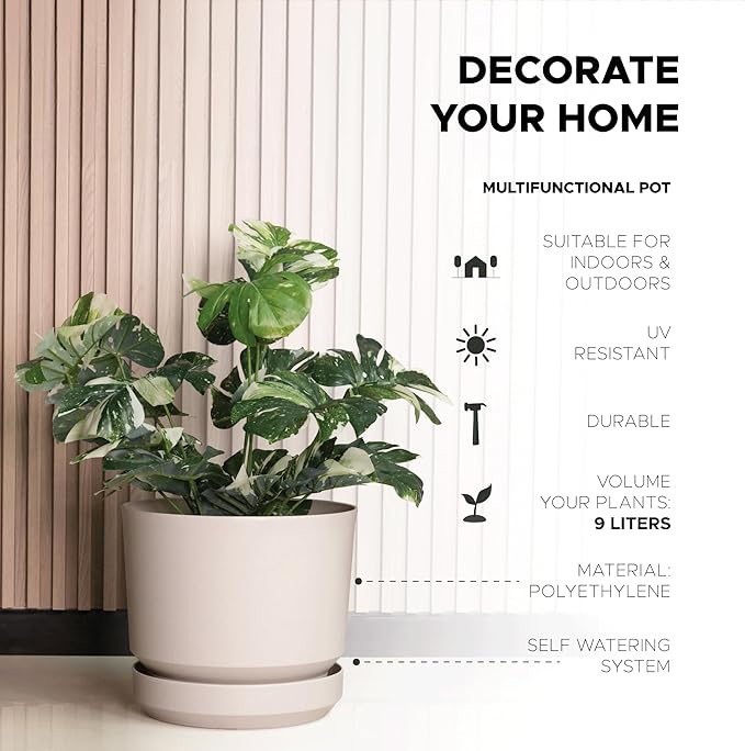 Elly Décor 10 inch Plastic Cylinder Planter Pot with Self-Watering Saucer and Drainage Hole,Lightweight & Extremely Durable, 10"x 10", Ivory