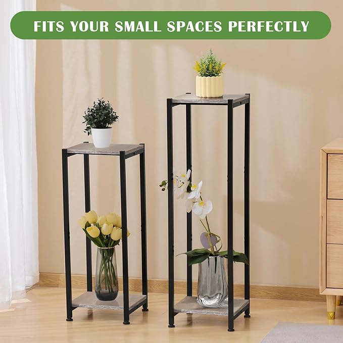 Extra Tall Plant Stand Indoor,40 Inch Plant Stands,2 Tier Metal Plant Stand with Heavy Duty Wood,Greige and Black