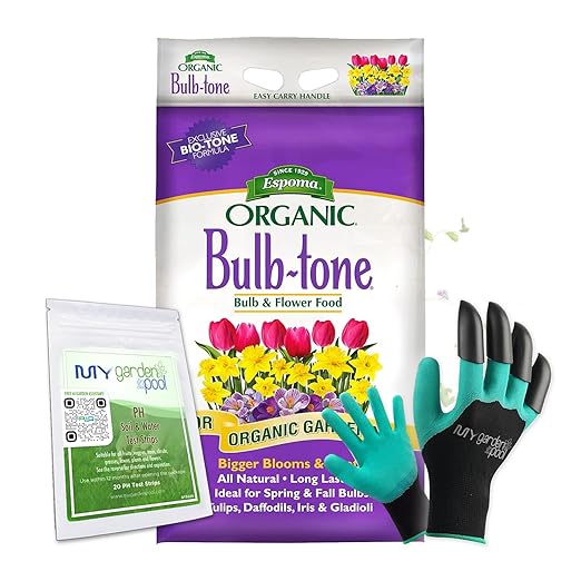Espoma BT18 Bulb-Tone 3-5-3; 18 lb. Bag Natural Plant Food for All Bulbs with My Garden Pool PH Soil Test Strips 20 ct, and Gardening Claw Gloves and Garden-IQ, Smart Gardening AI Assistant!