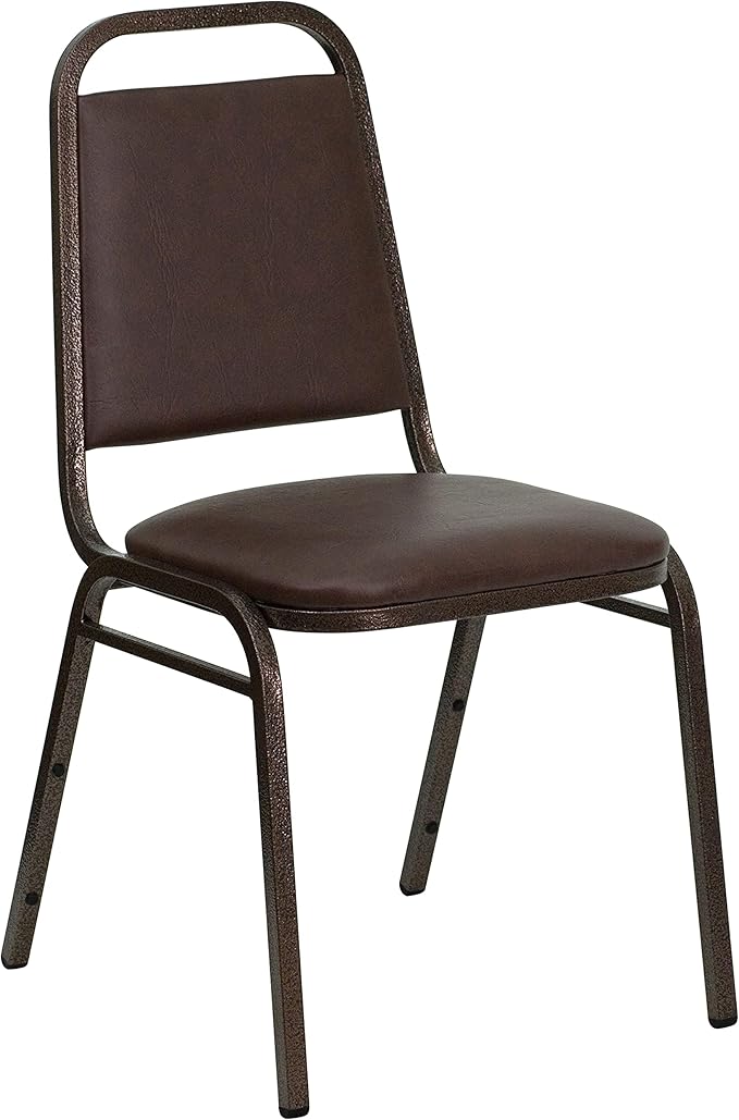EMMA + OLIVER Trapezoidal Back Vinyl Stackable Banquet Chair, Multipurpose Stacking Chair with Padded Seat and Back, Brown/Copper