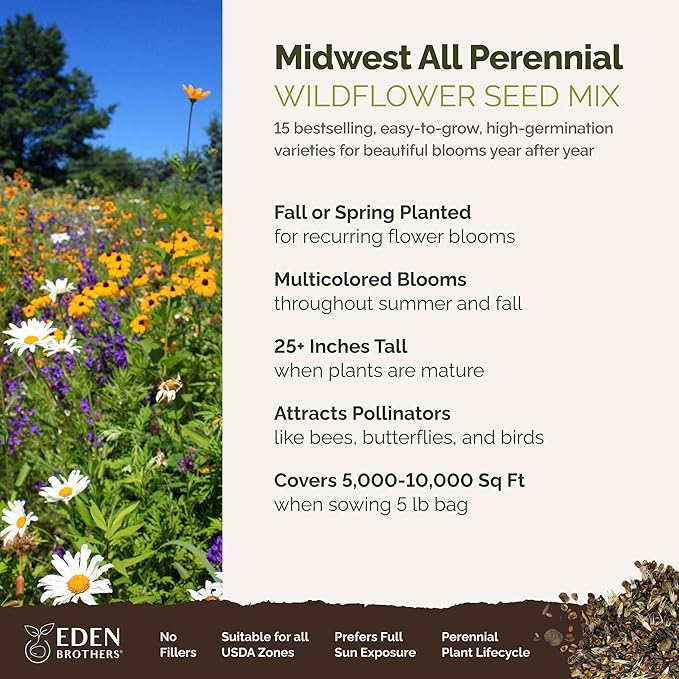 Eden Brothers Midwest All Perennial Wildflower Mixed Seeds for Planting, 5 lb, 2,400,000+ Seeds with Hyssop, Shasta Daisy | Attracts Pollinators, Plant in Spring or Fall, Zones 3, 4, 5, 6, 7, 8, 9, 10
