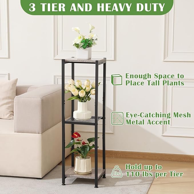 Extra Tall Plant Stand Indoor,40 Inch Plant Stands,3 Tier Metal Plant Stand with Heavy Duty Wood and Metal Mesh Shelf,Greige and Black