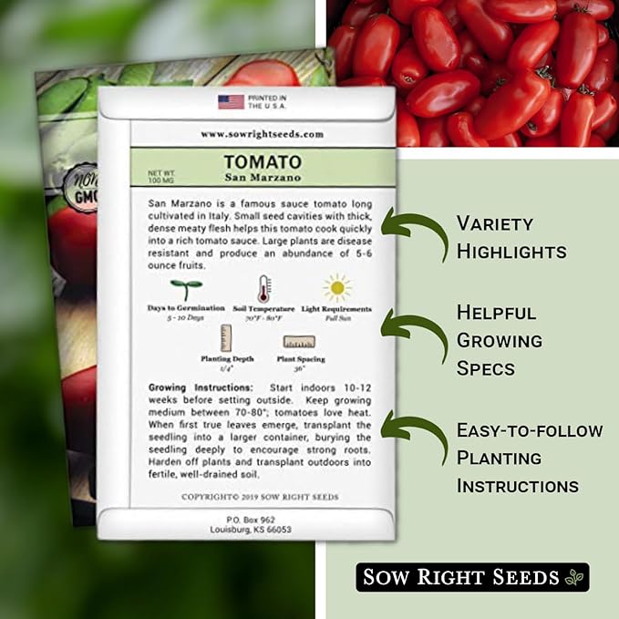 Sow Right Seeds - San Marzano Tomato Seeds for Planting - Non-GMO Heirloom Packet with Instructions to Plant a Home Vegetable Garden - Italian Classic Red Variety - Great for Sauce and Canning (2)