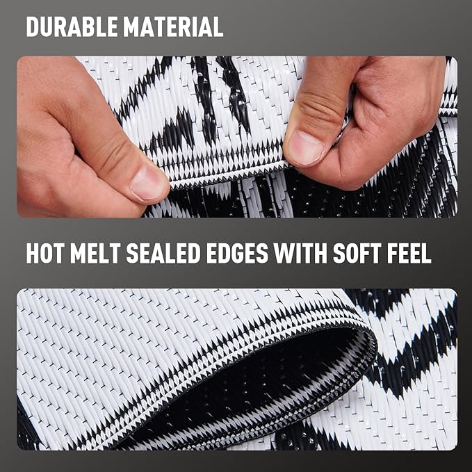 WILDROOTS 6x9 Feet Black and White Plastic Outdoor Rug, Stain Resistant Waterproof Reversible Outdoor Patio Rug, Fade Resistant Camping Rug