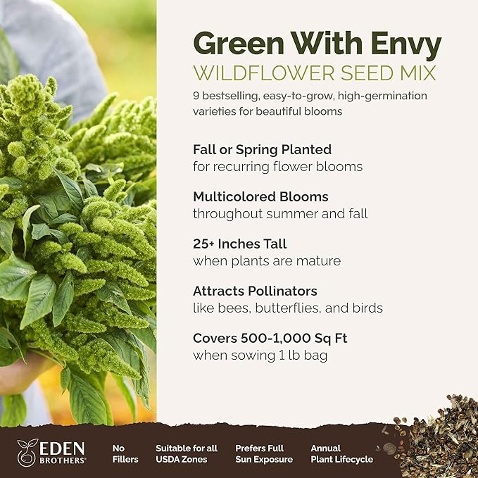 Eden Brothers Green with Envy Flower Mixed Seeds for Planting, 1 lb, 480,000+ Seeds with White Yarrow, Cornflower White | Attracts Pollinators, Plant in Spring or Fall, Zones 3, 4, 5, 6, 7, 8, 9, 10