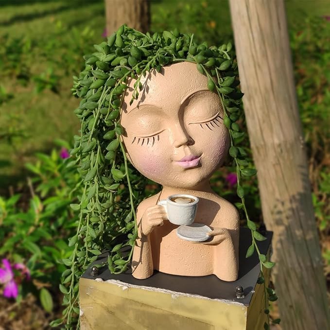 Face Planter Pots, Resin Face Planter for Indoor/Outdoor Plants,Head Planter with Drainage Hole/Removable Saucer,Girl Holding Coffe (Coffee, Light)
