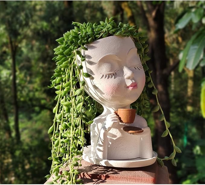 Face Planter Pots, Resin Face Planter for Indoo/Outdoor Plants,Head Planter with Drainage Hole/Removable Saucer (Coffee, White)
