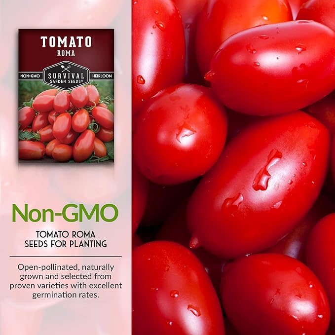 Survival Garden Seeds - Roma Tomato Seed for Planting - 2 Packs with Instructions to Plant and Grow Italian Roma Tomatoes in Your Home Vegetable Garden - Canning Favorite - Non-GMO Heirloom Variety