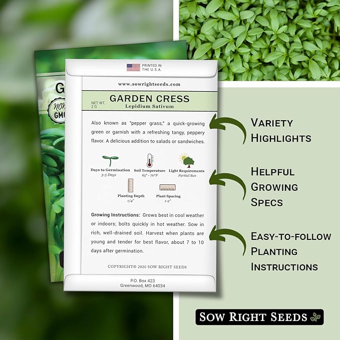 Sow Right Seeds - Garden Cress Seeds for Planting - Non-GMO Heirloom Packet with Instructions to Plant and Grow a Kitchen Herb Garden - Indoors or Outdoors - Edible Leaves and Cute Filler (3)
