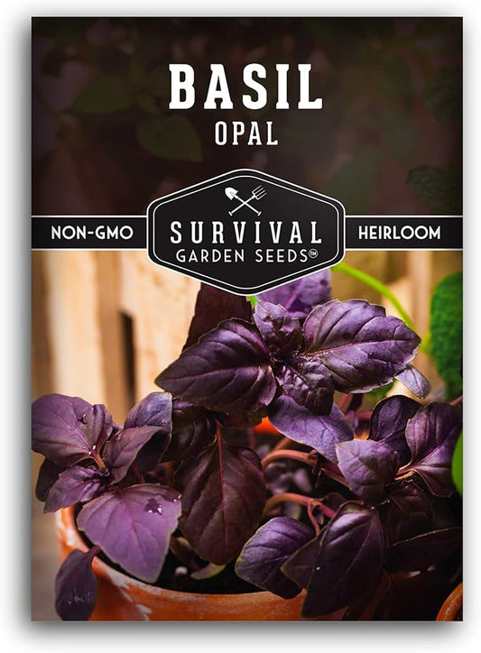 Survival Garden Seeds - Opal Basil Seed for Planting - Packet with Instructions to Plant and Grow Delicious & Unique Purple Basil Herb Plants in Your Home Vegetable Garden - Non-GMO Heirloom Variety