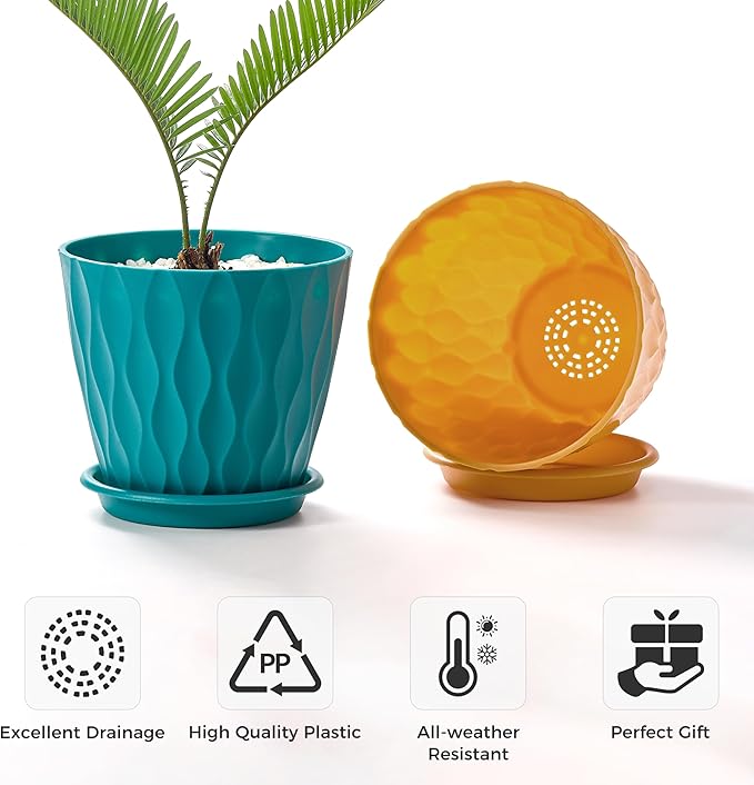 FaithLand 6-Pack 6-Inch Plastic Plant Pots with Saucers | Thickened PP Material, Modern Wave Texture, Enhanced Drainage for Indoor/Outdoor Garden Plants | Multicolor Value Set