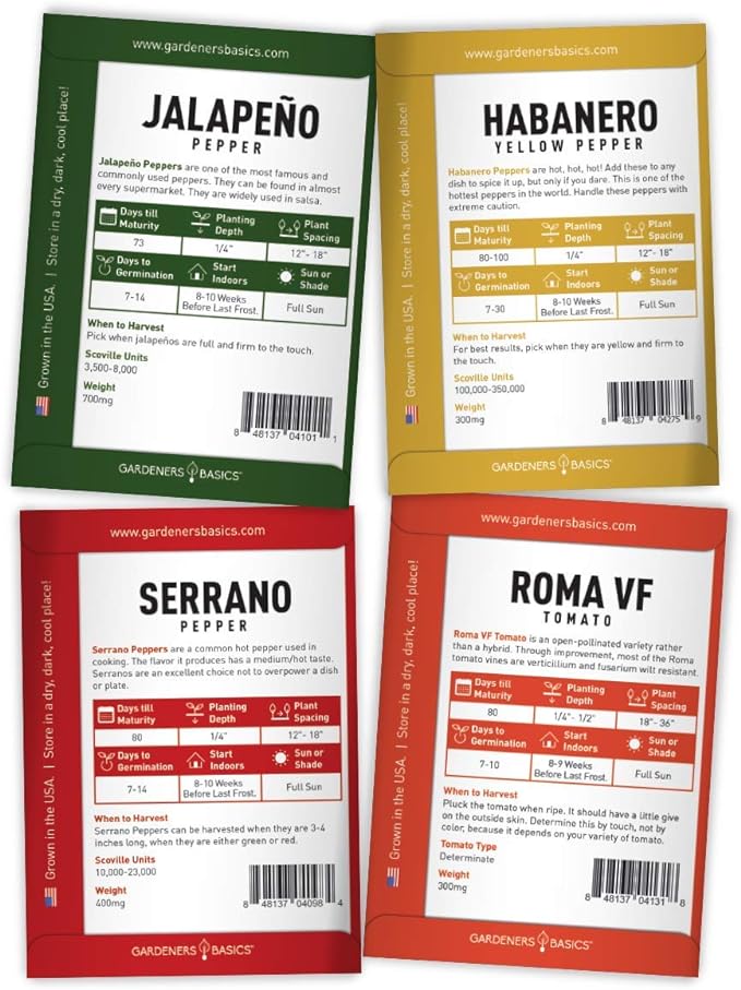 Gardeners Basics, Heirloom Hot Salsa Growing Seed Packets 8 Varieties Habanero, Jalapeno, Serrano Peppers, Roma, San Marzano Tomato, Cilantro, Green Onion, Tomatillo for Garden Non-GMO Heirloom