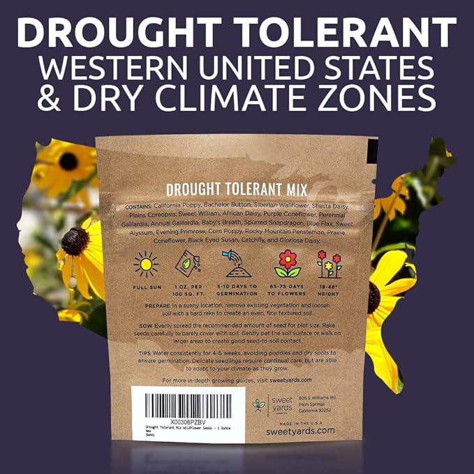 Drought Tolerant Wildflowers Mix – Extra Large Packet – Over 7,500 Open Pollinated Non-GMO Seeds – 21 Different Dryland Species