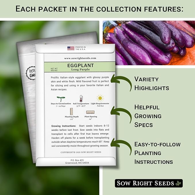 Sow Right Seeds - Eggplant Seed Collection for Planting - Black Beauty, Casper, Rosa Bianca and Long Purple Varieties - Non-GMO Heirloom Packet - Plant and Grow an Outdoor Home Vegetable Garden