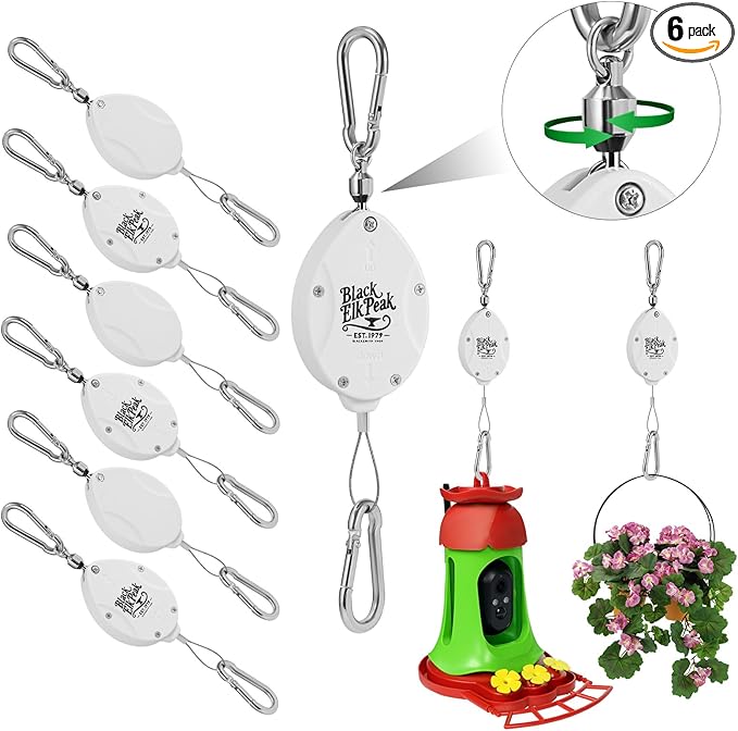 Plant Pulleys for Hanging Plants, Heavy Duty Retractable Hangers, 304 Stainless Steel Rope, Auto Plant Holder, Adjustable Climbing Hook for Garden Baskets Watering, or Bird Feeders (White-6)