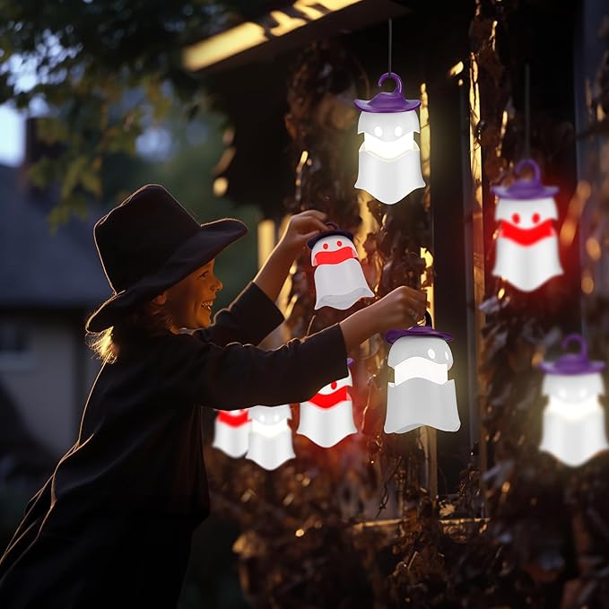 EverBrite 6-Pack Halloween Hanging Ghost Lights, Collapsible Ghost Camping Lantern, Two Color Changing, Indoor/Outdoor Halloween Spooky Party Decorations, Battery Included