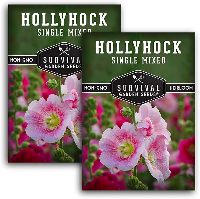 Survival Garden Seeds - Single Mixed Hollyhock Seed for Planting - 2 Packs with Instructions to Plant and Grow Colorful Spikes of Flowers in Your Home Vegetable Garden - Non-GMO Heirloom Variety