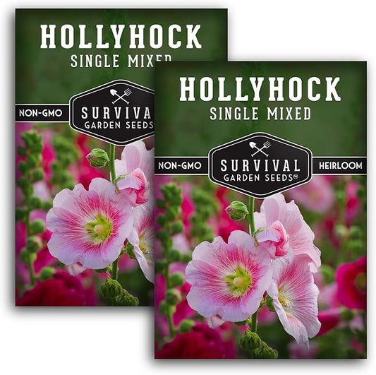 Survival Garden Seeds - Single Mixed Hollyhock Seed for Planting - 2 Packs with Instructions to Plant and Grow Colorful Spikes of Flowers in Your Home Vegetable Garden - Non-GMO Heirloom Variety