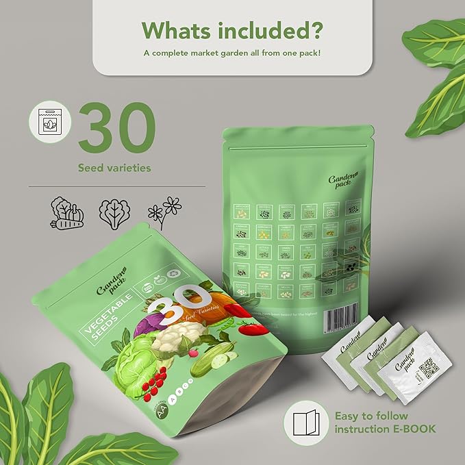 Garden Pack Vegetable Seeds Pouch - 30 Non-GMO Varieties, 10,000+ Heirloom Seeds for Planting Vegetables - Sealed for Survival Seeds Storage