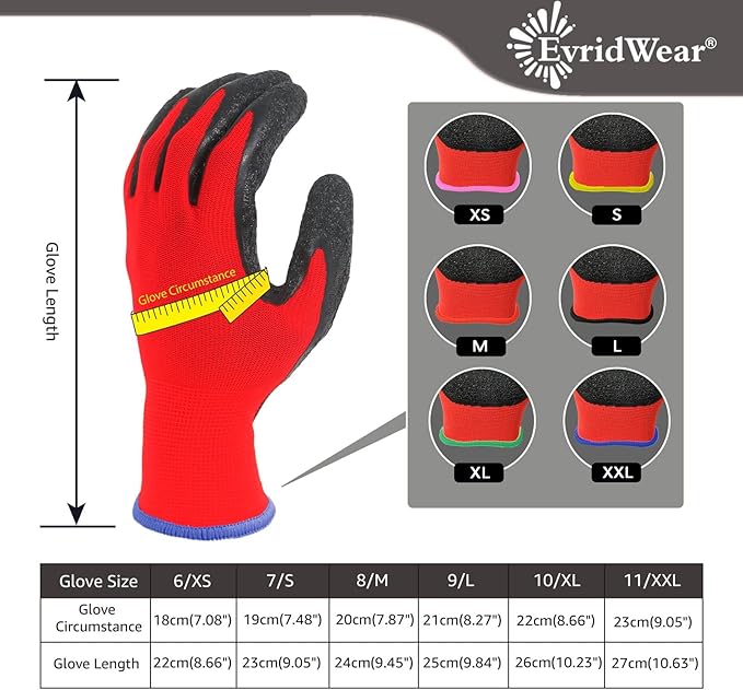 Evridwear Crinkle Latex Rubber Hand Coated Safety Work Gloves for Men Women General Multi Use Construction Warehouse Gardening Assembly Landscaping (XL-Size) 12 Pairs Pack