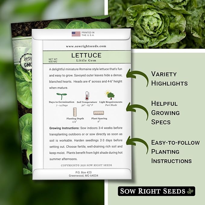 Sow Right Seeds - Little Gem Lettuce Seeds for Planting - Non-GMO Heirloom Packet with Instructions to Plant a Home Vegetable Garden - Outdoors or Indoors Hydroponics - Miniature Romaine Variety (1)