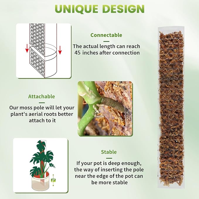 EOX 4 Pcs 24 Inch Plastic Moss Pole for Monstera, Large D Shaped Poles for Climbing Plants Work with Sphagnum Moss, 90 Inch Plant Stake Set of 4, Garden Ties
