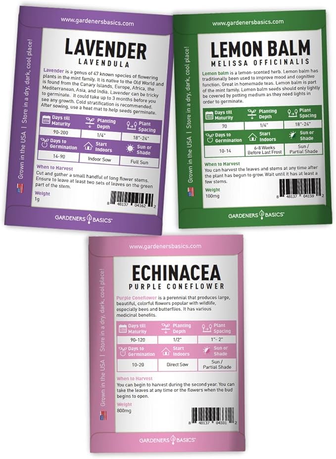 Gardeners Basics, Herbal Tea Seeds for Planting Indoors and Outdoors 5 Variety Packets Echinacea, Peppermint, Lavender, Chamomile and Lemon Balm - Great for Kitchen Herb Garden Heirloom Herb Seeds