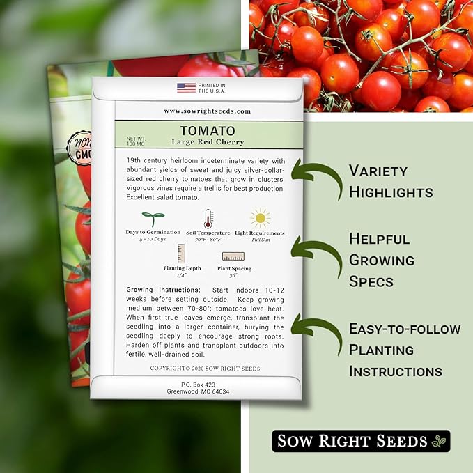 Sow Right Seeds - Large Red Cherry Tomato Seeds for Planting - Non-GMO Heirloom Packet with Instructions to Plant a Home Vegetable Garden - Tasty Snacking Variety, Start Indoors - Indeterminate (3)