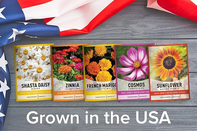 Gardeners Basics, Flower Garden Seeds for Planting Outdoors Flower Seeds (5 Variety Pack) Daisy, Marigold, Cosmos, Sunflower, Zinnia Varieties for Bees, Pollinators Wildflower Seed