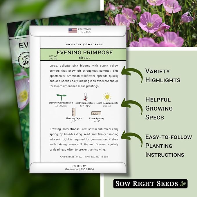 Sow Right Seeds - Showy Evening Primrose Flower Seeds for Planting - Non-GMO Heirloom Packet with Instructions - Native Wildflower for Pollinators - Perennial Pink Ladies, Mexican Evening Blooms (1)