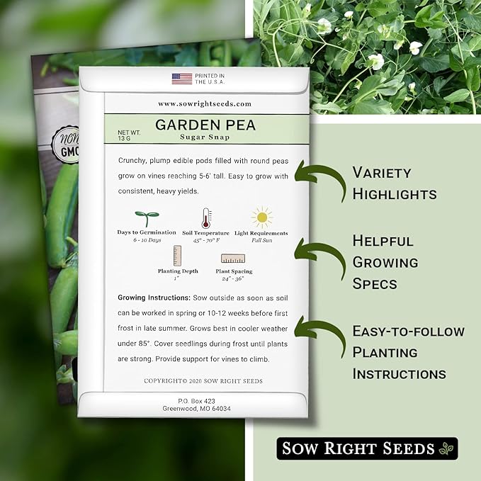 Sow Right Seeds - Sugar Snap Pea Seeds for Planting - Non-GMO Heirloom Packet with Instructions to Plant a Home Vegetable Garden - Grow Tons of Delicious Pods - Cool Season Crop, Super Productive (3)