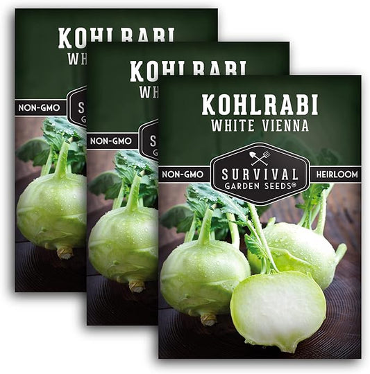 Survival Garden Seeds - White Vienna Kohlrabi Seed for Planting - 3 Packs with Instructions to Plant and Grow Unique Cruciferous Vegetables in Your Home Vegetable Garden - Non-GMO Heirloom Variety