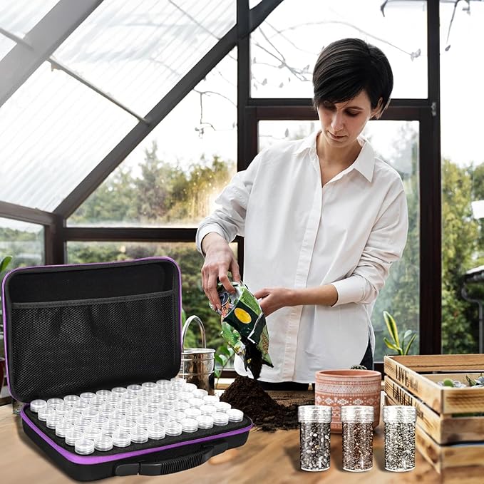 60 Slots Seed Storage Organizer with 10 Seed Envelopes, Portable Seed Storage Box with Label Stickers Zipper Bag,Seed Storage Container for Flower Plants Vegetable Garden(60 Jars)