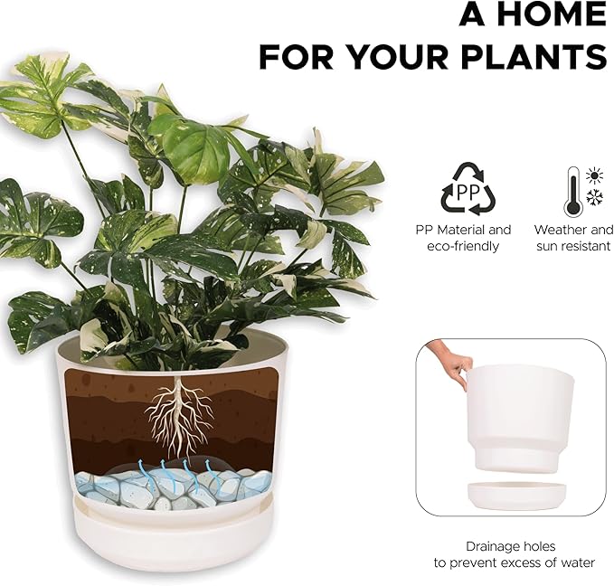 Elly Décor 10 inch Plastic Cylinder Planter Pot with Self-Watering Saucer and Drainage Hole,Lightweight & Extremely Durable, 10"x 10", White