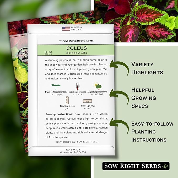 Sow Right Seeds - Coleus Rainbow Mix Seeds for Planting - Beautiful Flowers to Plant in a Home Garden - Indoors or Outdoors - Non-GMO Heirloom Seeds - Attractive & Colorful - Great Gardening Gift (1)